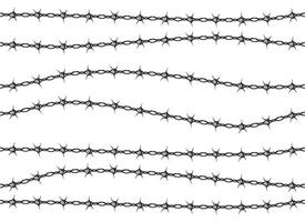 Barbed wire fence pattern. Seamless security border spike silhouette, army military protection frame and line design. Vector set