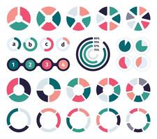 Pie chart set. Circle slices for different percent, round pies for 2, 3, 4 and 6 sections, pie charts for statistics and information presentation. Vector collection