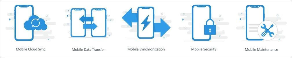 A set of 5 Mix icons as mobile cloud sync, mobile data transfer, mobile synchronization vector