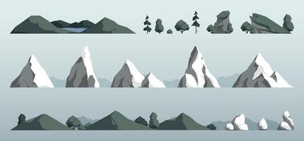 Mountains and hills. Cartoon landscape with peaks and ridges, panoramic view of mountain peaks and ridges with trees and rocks. Vector flat illustration
