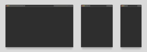 Browser mockup dark theme. Empty tab webpage with search engine, computer, laptop, tablet and mobile dark theme modes. Vector website templates