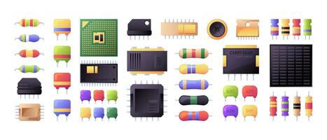 Semiconductor collection. Electrical components chip capacitor microchip processor battery resistor vector