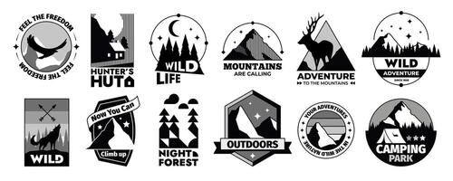 Retro wilderness logo. Summer hiking trip and camp emblem with silhouettes of trees and sky. Camp label with alps sketch vector logo