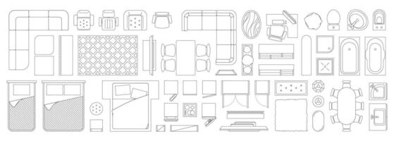 lineal interior parte superior ver iconos oficina y hogar habitación piso plan, gastos generales ver de mesa y sofá, cama escritorio silla. moderno plano diseño iconos vector conjunto