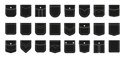 Black pockets. Fabric and denim cloth pocket cutout for sewing, textile patch silhouette fashion design. Simple vector pants element collection