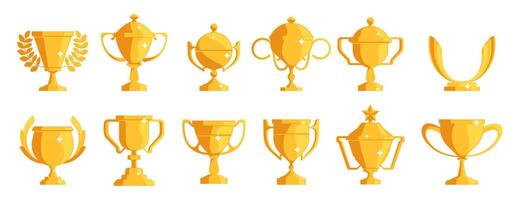 Golden cup icon. Cartoon gold cup award with ribbons and laurel, achievement and competition prize badge. Vector isolated set