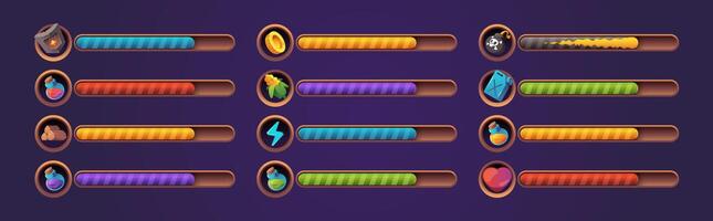 Game health bar. UI asset for video game, energy indicator for mobile web and desktop, potion and heals indicator, wealth and energy bar. Vector colorful set