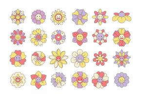 Groovy cartoon flowers. Funny hippie line icons with face smile and laugh, hippie flower characters with happy emotions. Vector colorful set