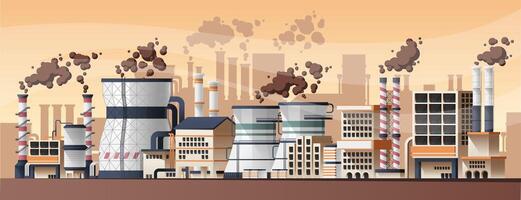 Industrial factory landscape. Cartoon city with power plant and refinery, heavy industry production building exterior view. Vector panorama