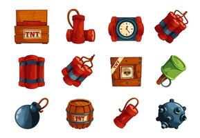 Cartoon game dynamite. Firecracker sticks and military explosive devices, timer bomb and grenade icons. Vector isolated set