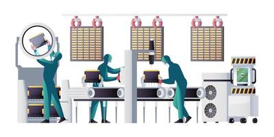 semiconductor fabricación proceso. circuitos tableros componentes producción con montaje línea y trabajadores, innovación tecnología concepto. vector ilustración