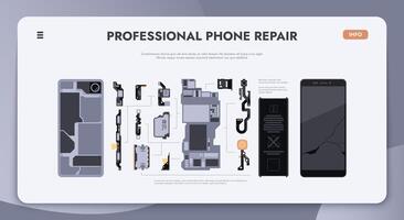 Phone repair landing. Home page template with cracked display and smashed touch screen. Web page with broken cell phone vector concept