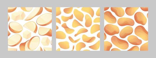 Potato pattern. Seamless print collection with whole vegetables french fries chips cartoon flat style, fast food backgrounds. Vector texture set