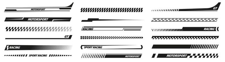 Black racing stripes. Modern race modification mark, elegant futuristic techno decals for bike car and motorcycle. Vector set