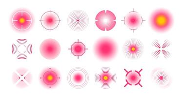 Red pain circle. Pulsatile bruise mark with throbbing center, chronic pain problem solution with target area. Vector flat mark isolated set