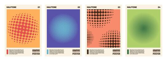 Halftone posters. Colorful geometric pattern with circles and dots for cover page design, modern minimal print flyer layout template. Vector isolated set