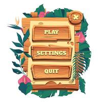 Game wooden menu. Old wooden frame buttons, cartoon tribal signboard UI elements, rural banner for game user interface. Vector isolated illustration