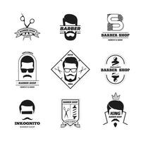 Barbershop logo. Simple mustache and beard icons for male grooming salon label design, hipster barber hairdresser emblem with text. Vector set