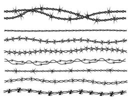 Razor wire collection. Barbed wire military border, dangerous chain of sharp barbed wire, danger warning silhouette for security concept. Vector set