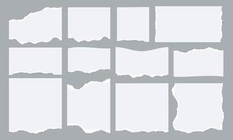 Notebook paper strips. Empty sheet borders with torn edges, torn blank pages with sticky spots for scrapbooking. Vector collection