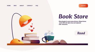 Bookstore landing page. Website template with books and magazines, cartoon book market, reading books concept. Vector webpage mockup