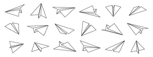 Paper planes icons. Folded origami aircraft, plane top and bottom, origami game variations. Thin paper art symbol collection. Vector set