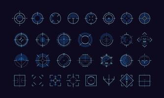 Aim pointer ui. HUD futuristic target radar frame, military weapon sniper cursor, virtual hologram element for dashboard infographic gaming design. Vector set