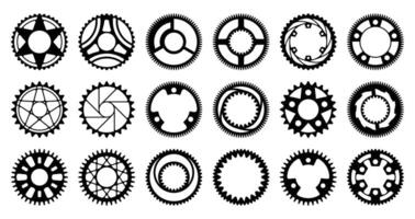 Bicycle cogwheel. Cyclic gear system black elements silhouette for bicycle, circular disk mechanism for gear chain. Vector collection