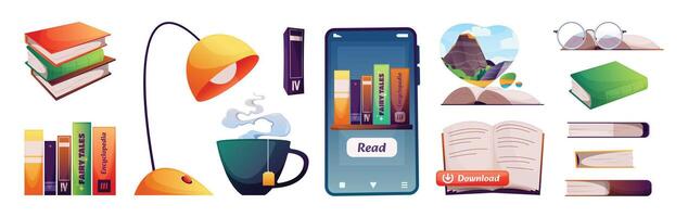 Book reading elements. Library home read and self education elements, mobile book reader app, stack of books with desk lamp and cup of tea. Vector cartoon set