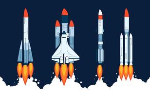 Rocket launch collection. Space craft and spaceship engine start and ignition, rocket flight with fire and smoke. Vector space mission concept set