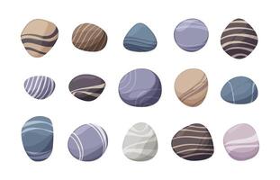 River stones. Colorful rounded pebbles in various colors and shapes for for decoration or landscaping, smooth under the sea stone set. Vector collection