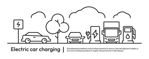 eléctrico coche cargando concepto. eléctrico coche batería cargando, híbrido vehículo concepto, sostenible transporte energía concepto. vector ilustración