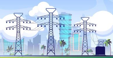 Electric line with pylons. Grid transmission system with towers and towers. Power network infrastructure vector concept