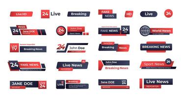 News headline banner. Broadcast tv channel header interface, television lower third bar information, streaming live video stickers. Vector isolated set