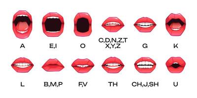 Woman lips animation. Cartoon female lip sync animated phonemes, cute girl open mouth expression with tongue and teeth speaking education. Vector set