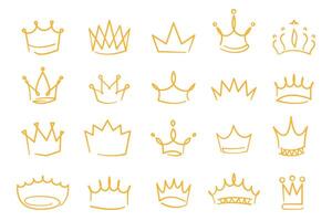 Sketch golden crowns. Outline princess tiara and coronation decorations. Modern hand drawn royalty symbols. Vector isolated set