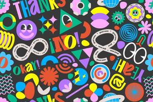 Groovy labels pattern. Cartoon 90s retro stickers with abstract curvy elements and organic symbols for card and product design, vector texture