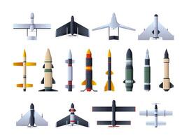 Military missiles and drones. Ballistic rockets with warhead unmanned army aircraft for intelligence, attack and air defense, loitering weapon. Vector set