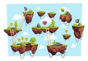 Game level with flying ground. Cartoon 2D stage with coins hearts floating wooden stairs, grass and stones for mobile platform game. Vector illustration