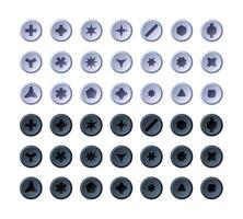 Screw heads. Cartoon round and hexagon screw-bolt caps top view, drill construction tools, mechanic workshop hardware devices. Vector isolated set