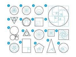 Golden ratio rules. Geometry harmony of ideal proportions, rule of thirds and fibonacci sequence, visual art mathematics composition. Vector set