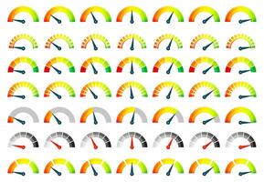 Gauge meter. Rating scale bar indicator with arrow speedometer, dashboard scale panel level meter for measurement speed. Vector set