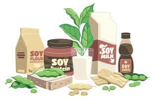 Soy products composition. Cartoon healthy food with tofu tempeh soy milk soy sauce, organic vegetarian nutrition concept. Vector flat set