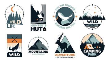 Outdoor adventure emblem. Mountain rock peak, hiking camp label with backpack and equipment, mountain with snow and forest. Vector nature expedition label set