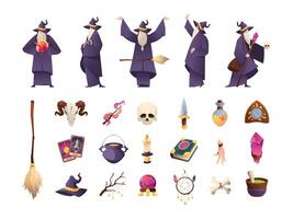 Magician tools. Various old wizards characters cartoon style, mystery sorceress witchcraft with magic occult mystic fantasy elements. Vector set