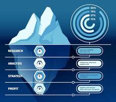 Iceberg infographic. Black sea ice and water under it, iceberg model with hidden message. Competency and responsibility concept vector presentation