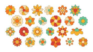 Linear hippie flowers. Doodle groovy flower icons, sixties flower power symbols, abstract outline colorful flower symbols. Vector collection