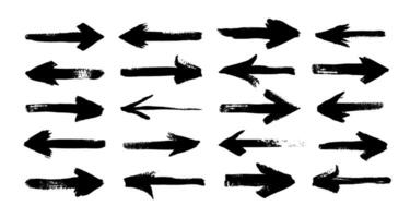 Grunge brush arrows. Abstract dry paint marker stroke direction signs, black splatter cursor. Vector marker strokes isolated set