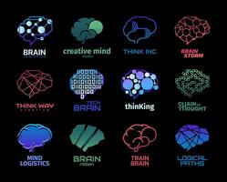 Creative thinking logo. Abstract human brain with neurons and memory. Vector abstract brain concentration and memory concept sticker set