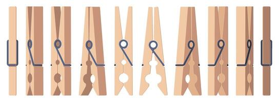 Clothespin collection. Empty wooden clothes pegs, laundry cord and rope clip, household dry cleaning utensil flat style. Vector isolated set